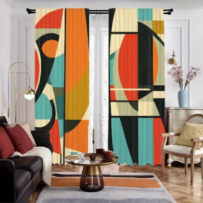 2 pièces rideaux à motifs géométriques abstraits, style bohémien moderne de style Mid-Century, habillage de fenêtre pour salon, cuisine, salle à manger, passe-tringle, rideaux élégants pour l'intimité