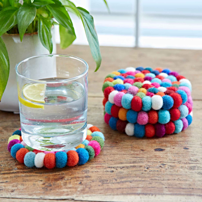Handmade Felt Ball Coasters, Red/Blue/White