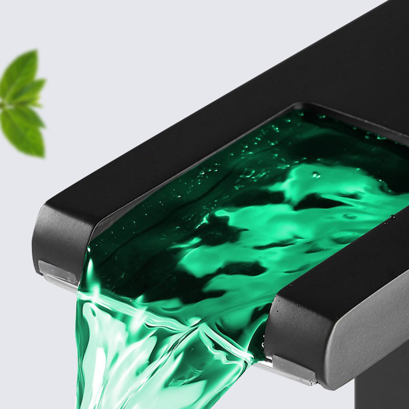 LED 3 Colors Changing Bathroom Waterfall Faucet Vanity Sink Faucet One Hole Single Handle With Drain, Matte Black