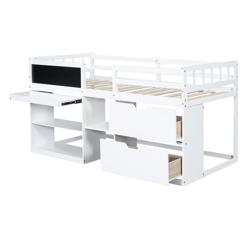 Lit mezzanine bas blanc simple avec bureau roulant, tablette et tiroirs - Bois massif fonctionnel et solide pour un look de chambre à coucher élégant