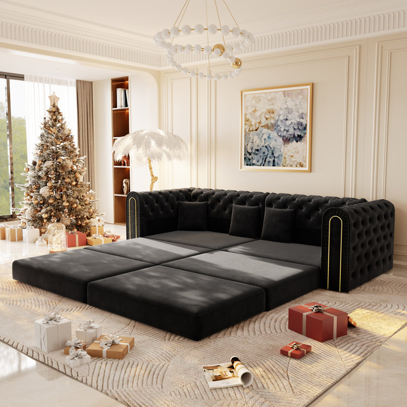 Canapé-lit 90,6 po 90,6 po en velours pliable avec repose-pieds amovible, Mélange de polyester noir