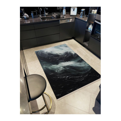 Machine Washable  Dark Toned Storm Themed Abstract Wave Patterned Modern Decorative Rug