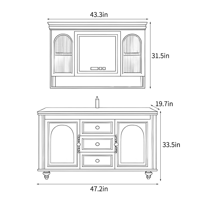 Meuble-lavabo simple français rétro, Noir, L 47,2 po