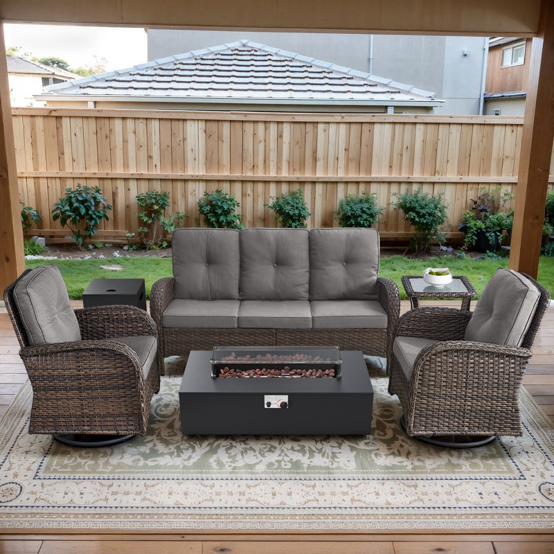 Esquer 5-Pieces Outdoor Wicker Patio Conversation Furniture Set With Rocking & Swivel Chairs And Rectangular Fire Pit Table