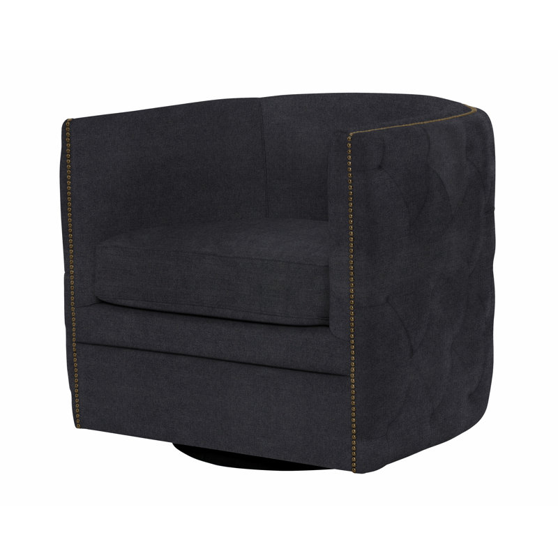 Palazzo 31.5'' Wide Tufted Swivel Barrel Chair, Akiko Graphite Performance 5534-011, Brass