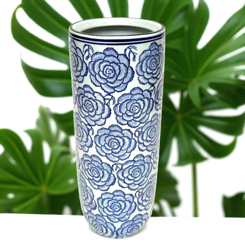 Stylish Ceramic Freestanding Umbrella Stand – Glazed Vase for Umbrellas, Walking Sticks & Flowers, 18" x 8"