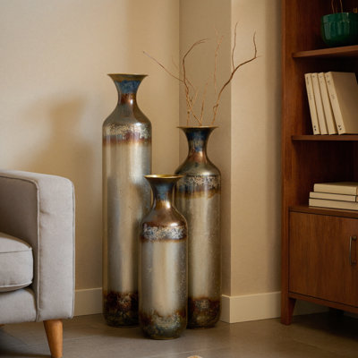 3-Piece Modern Droplet Shaped Metal Vase Set - Large Glazed Floor Vases For Elegant Home Decor