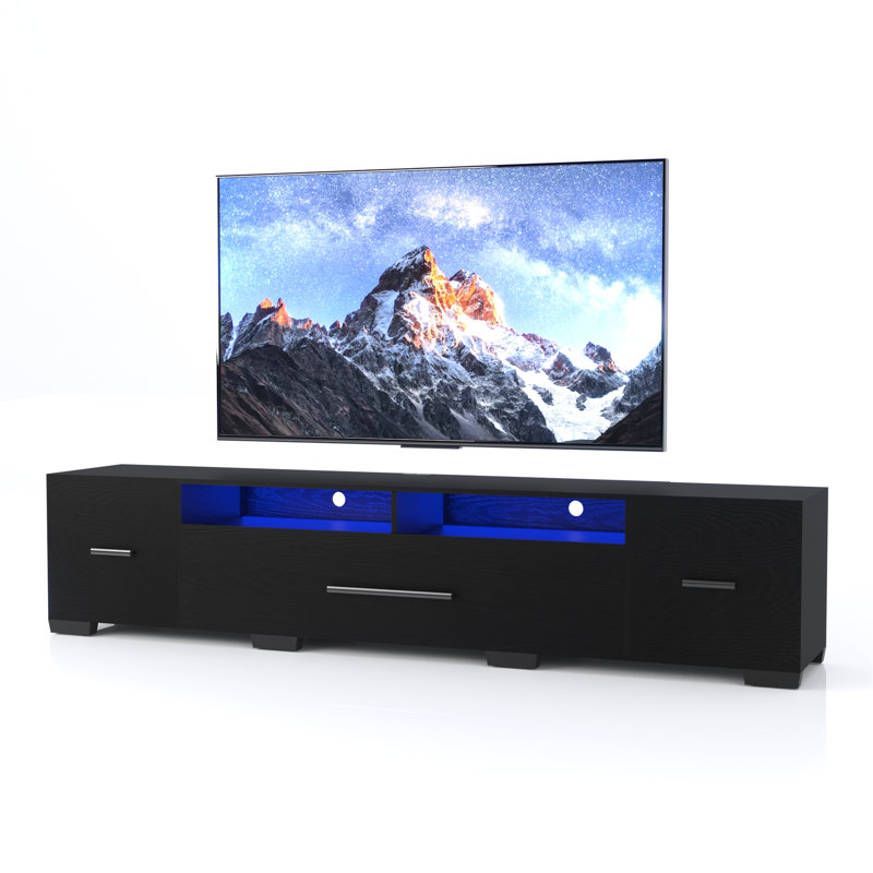 Console de télévision noire avec rangement, meuble de divertissement de 80 pouces, lumières contrôlées par télécommande, 31 options de modification, console au look moderne, centre de rangement, lumières télécommandées, modes changeants, couleur