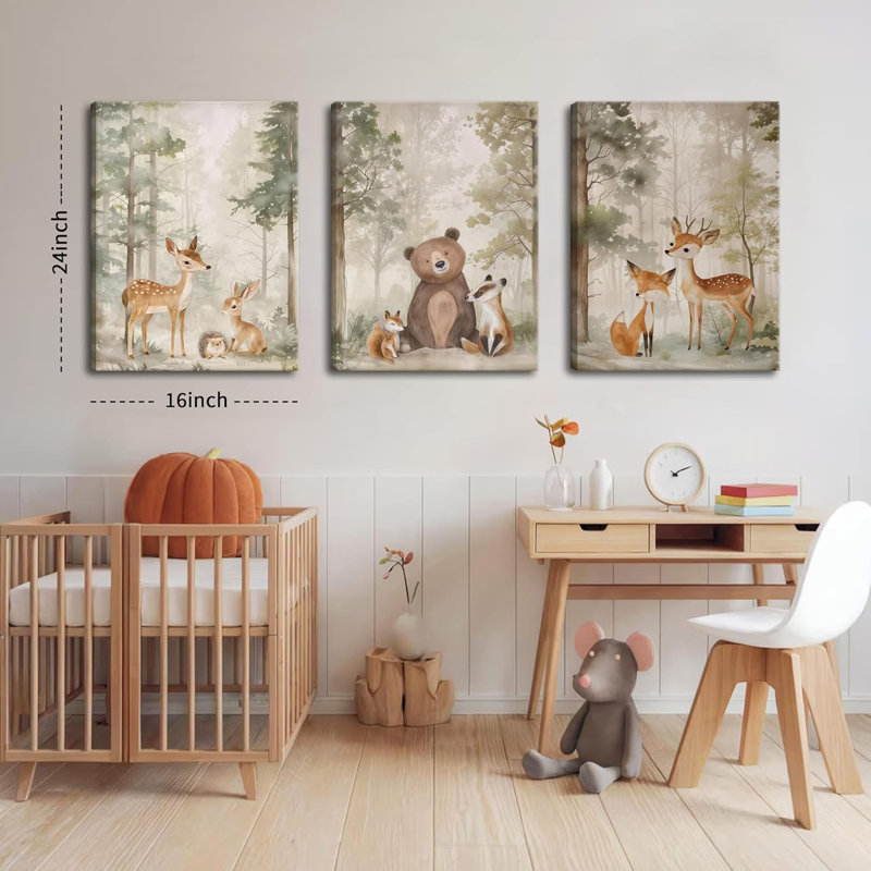Pépinière, art mural, ensemble de 3 - animaux sauvages de la forêt, ours, renard, aquarelle, peinture, décoration murale, forêt