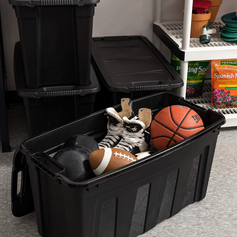 31 Gallon Heavy Duty Totes For Storage With Easy-Grip Handles, 4 Pack - , Storage Bins With Lids, Durable Stackable Utility Containers, Large Garage Organizing Tubs - Black