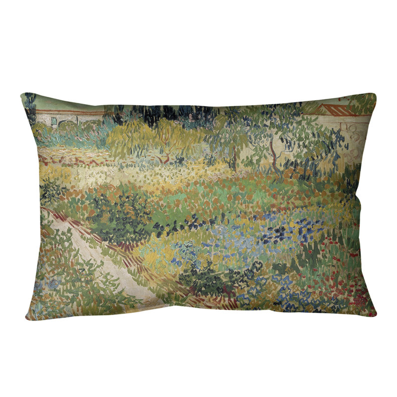 Coussin lombaire bluhender garten mit pfad, Rouge / bleu / brun, Faux lin