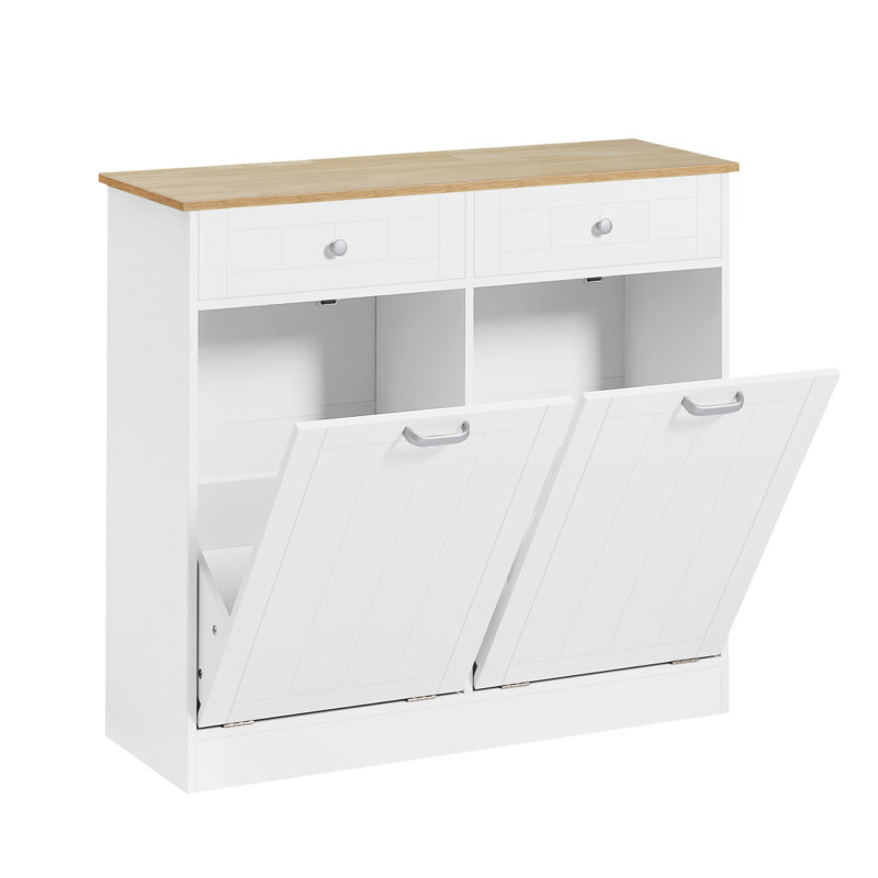 Armoire à ordures inclinable à deux compartiments, armoire de cuisine à l'épreuve des animaux de compagnie avec planche à découper, armoire à linge autoportante, panier à linge