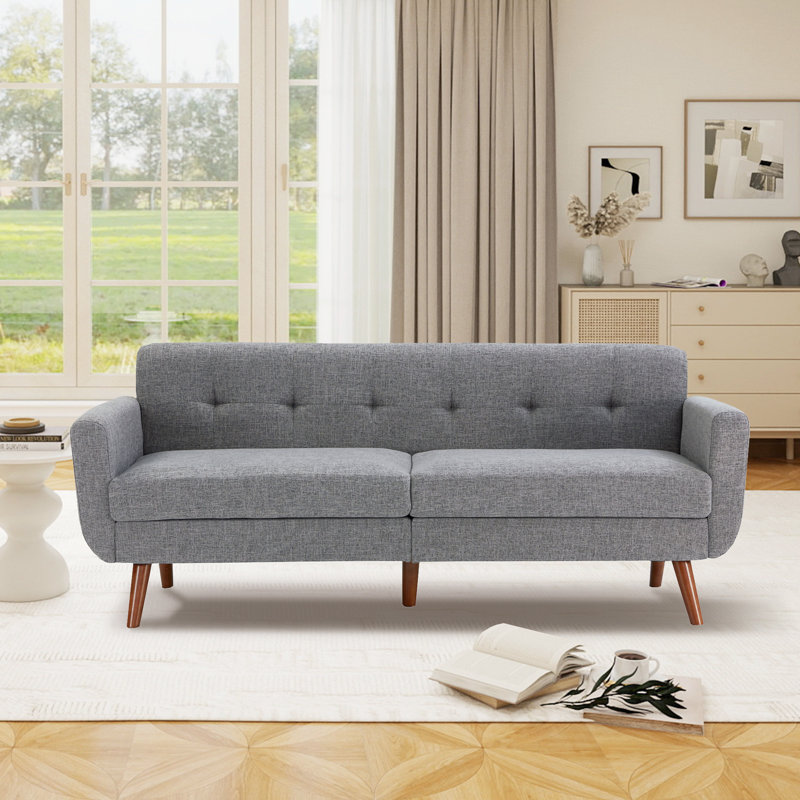 Delanie Cattaleya 78" Mid Century Modern Square Arms Linen Upholstered Sofa, Grey