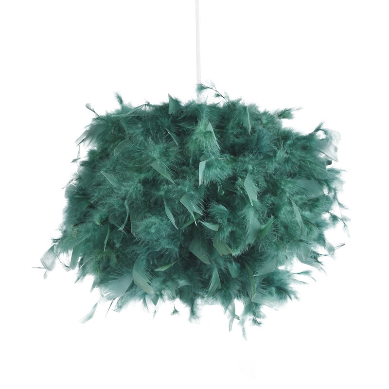 Eye-Catching and Modern Genuine Feather Decorated Pendant Light Shade, 20cm H x 25cm W x 25cm D, Forest