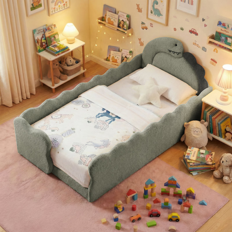 Lit pour enfant rembourré en forme de dinosaure avec garde-corps de sécurité et support en lattes de bois massif Boucle, Gris