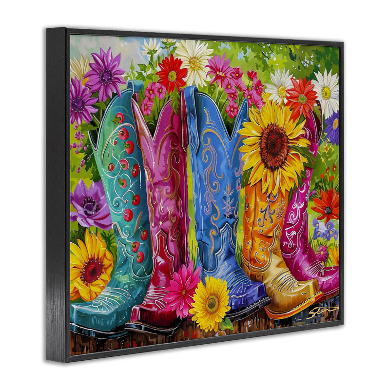 Bottes de cowboy et tournesols, estampe numérique, design par Shawna Stewart, H 11 po x l 14 po, Giclée encadrée noir minuit