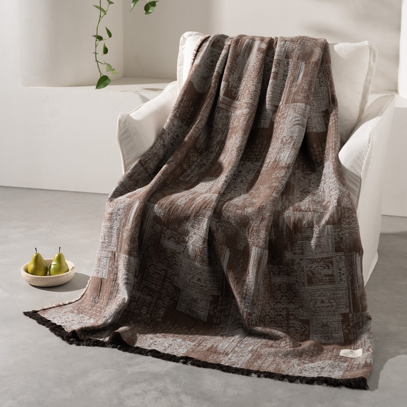 Jeté rétractable tout en coton Retro, couverture jacquard réversible tissée avec frange, jeté douillet Boho pour canapé-lit 75 po x 55 po, gris