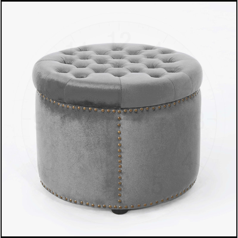 Repose-pieds rond luxueux en velours émeraude avec rebord clouté pour siège supplémentaire et repose-pieds confortable, Gris
