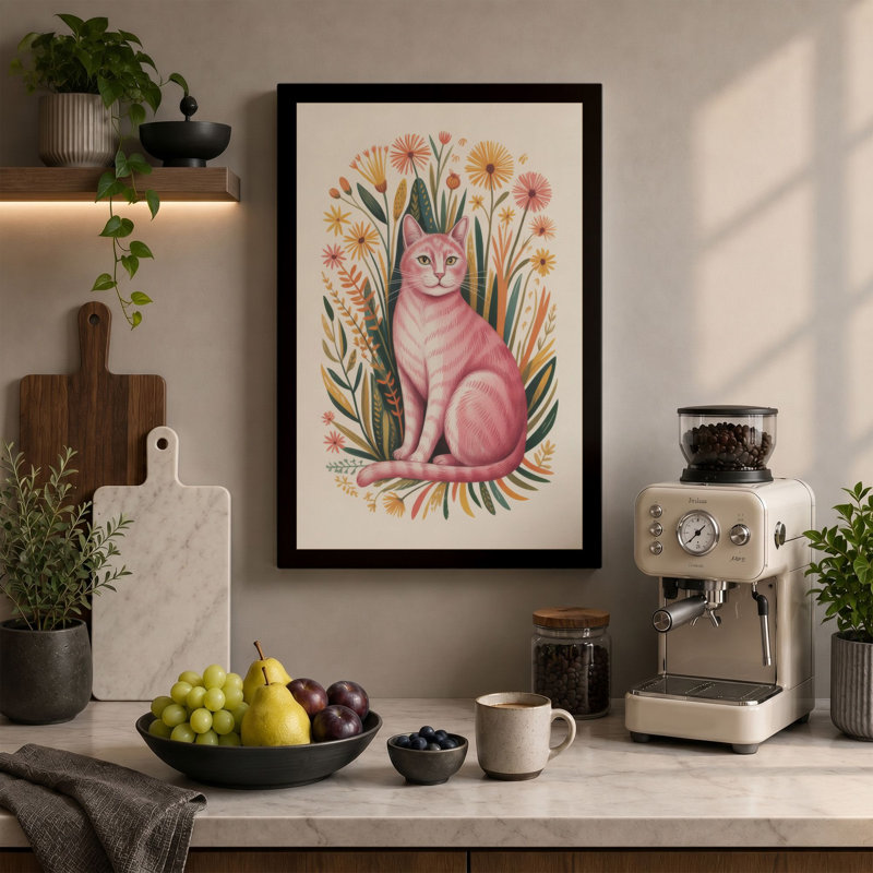 Cat in Bloom Botanical - Wrapped Canvas, 36x24 - 91.4 x 61.0 cm, Taupe Border