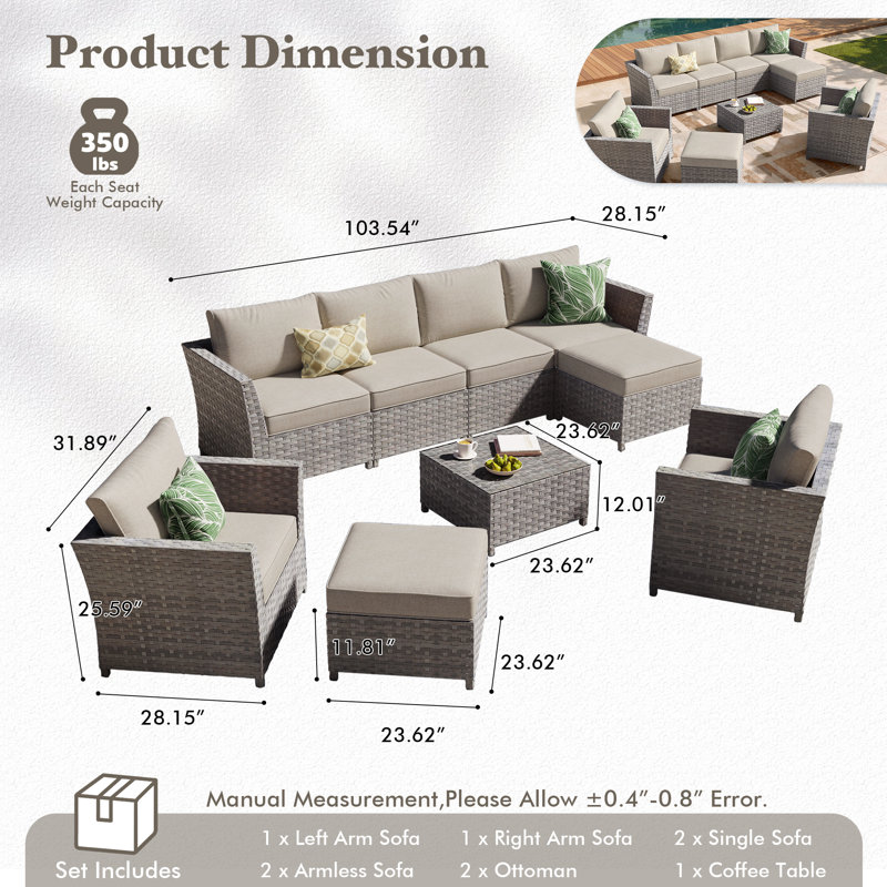 Ensemble de conversation modulaire en rotin de grande taille avec coussins 9 pièces Grano, Beige