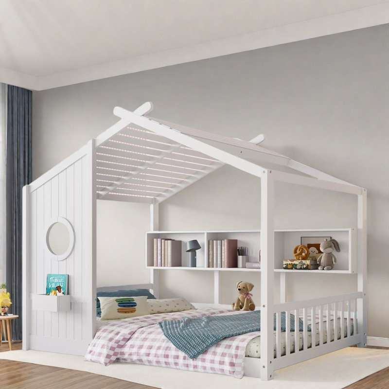 Lit sur pied avec tablettes de rangement, Blanc, Double