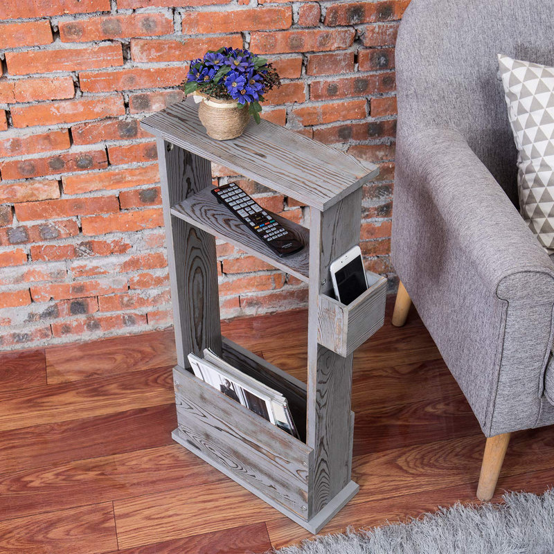 Narrow Side Table, Slim End Sofa Table In Vintage Grey Wood With Storage Shelf, Magazine And Remote Holder