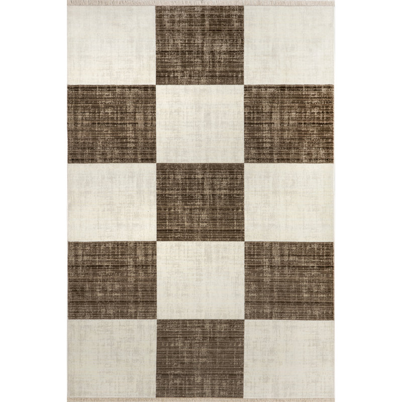 Aspen Checkerboard Fringed Brown and Off-White 8' x 10' Area Rug