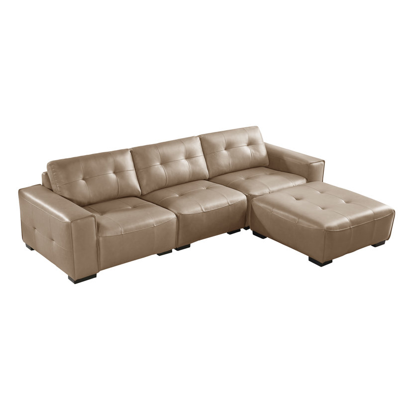 4 Piece Modular Pu Leather L-shape Couch With Ottoman, Light Brown Faux Leather