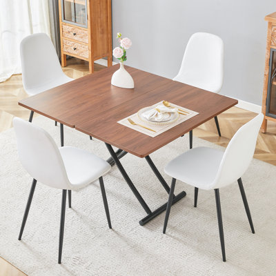 Modern Multifunctional Lift Table & 4 Linen Chairs | Walnut Mdf Desktop, Black Metal Legs | Adjustable Height For Dining, Coffee, Or Study