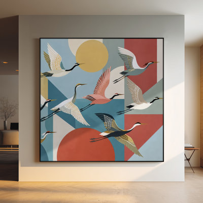 Très grand art mural imprimé sur tissu - Décoration de salon rétro bleu sarcelle avec oiseaux géométriques - «Assemblage requis du cadre (cadre non fini)»