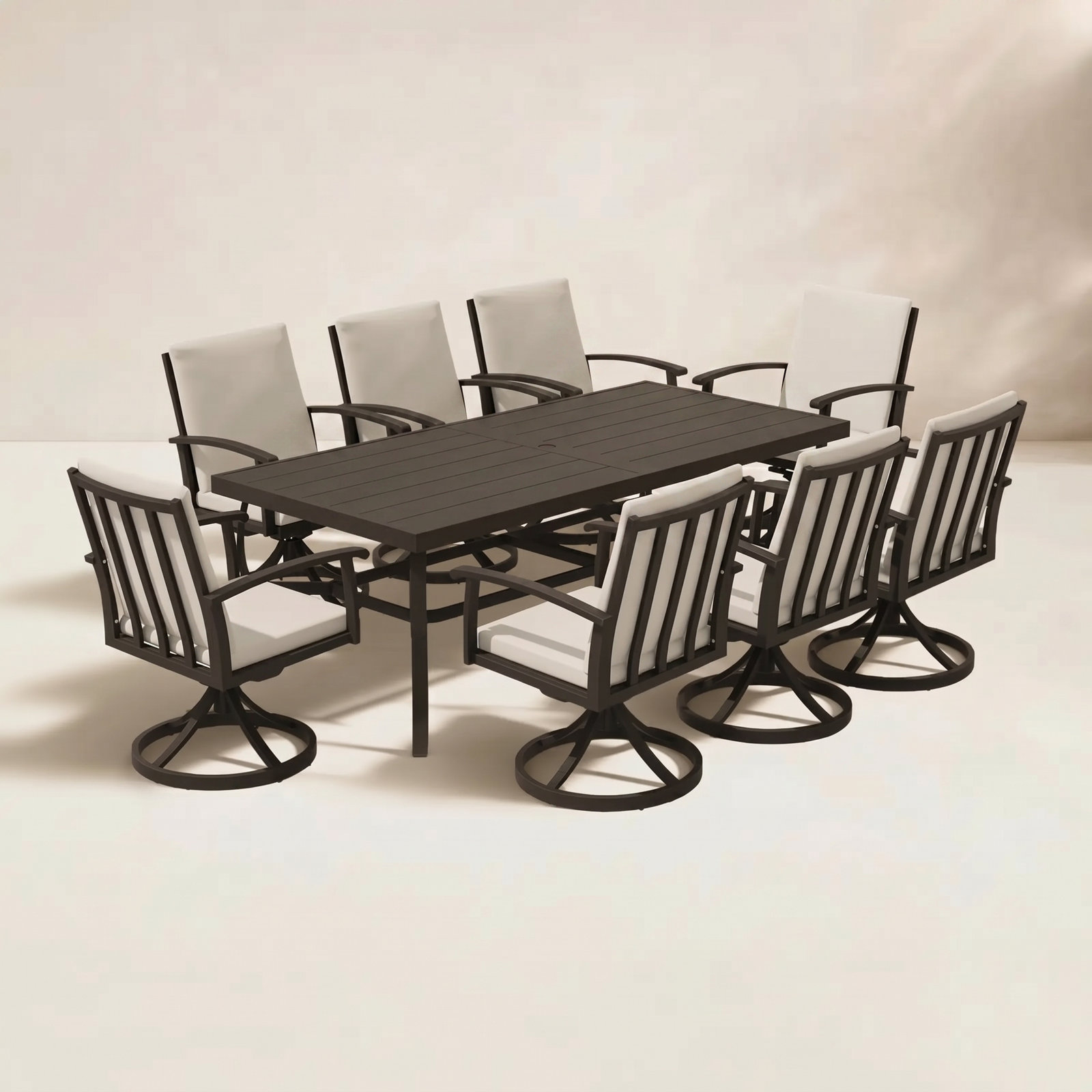 Whittlesey Rectangular Aluminum Dining Set with Cushions, Dark Brown, 8