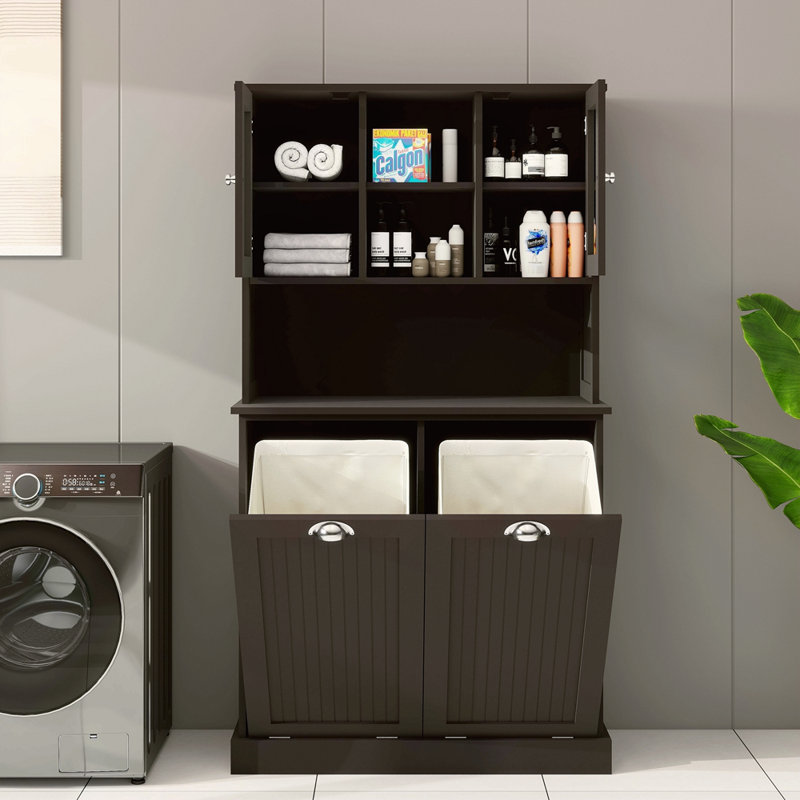Armoire de salle de bain inclinable à deux compartiments avec panier à linge haut et 2 tablettes réglables, Noir