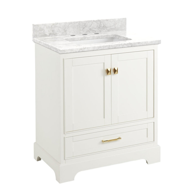 Quen 30" Freestanding Single Basin Vanity Set with Cabinet, Vanity Top, 8" Centers, Soft White, Carrara Marble