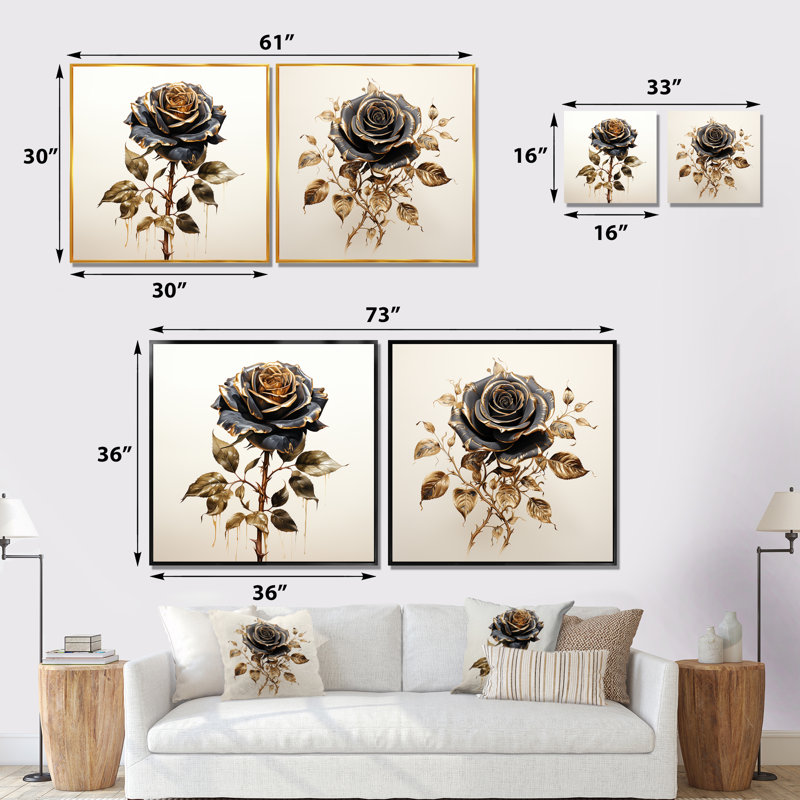 Vintage Rosegold Elegance I - ensemble de 2 impressions sur toile roses, Encadrement brun, H 30 po x l 61 po x P 1 po