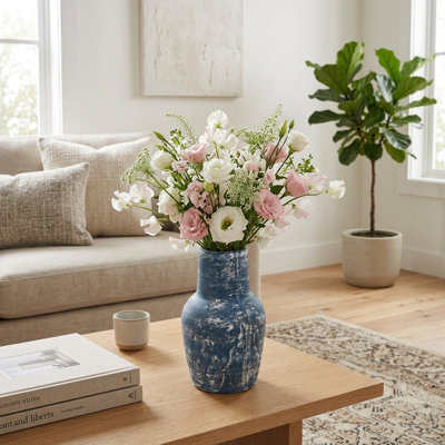 Vase de table cylindrique en terre cuite pour une décoration rustique - Grand vase à fleurs d'aspect vieilli, idéal pour le salon ou la décoration intérieure - 23 cm, bleu et blanc