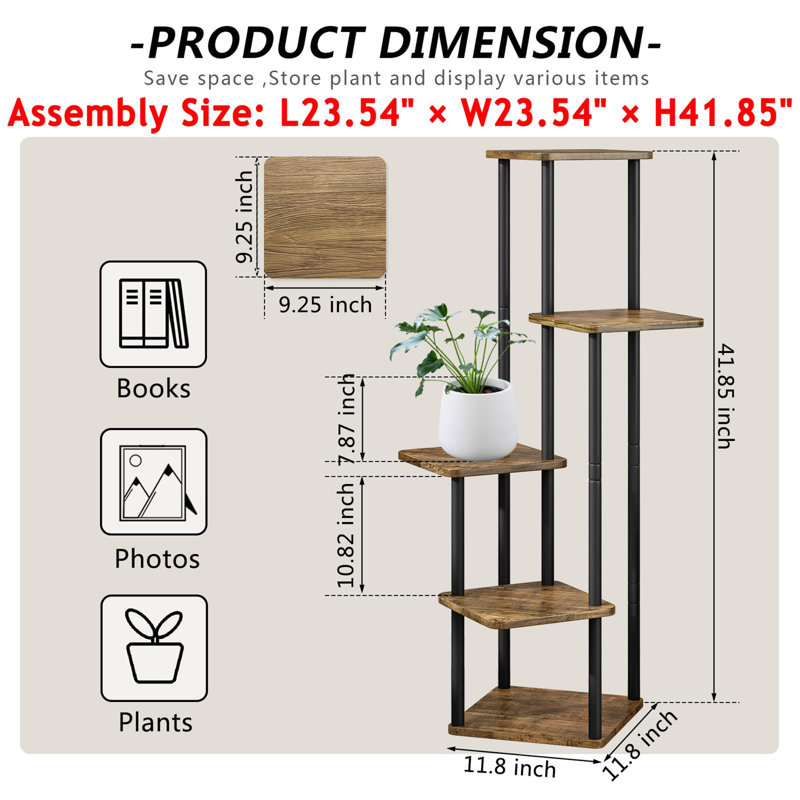 Support pour plante à 5 niveaux, tablette d'intérieur en métal et en bois pour plantes multiples, grand présentoir à fleurs pour le salon, balcon, patio