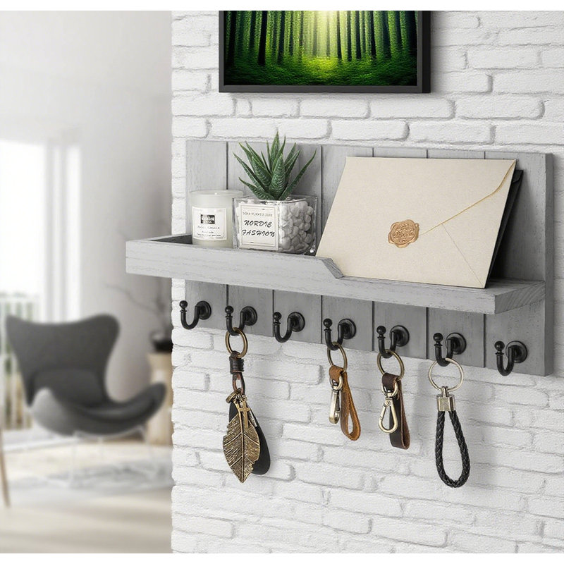 Organisateur de clés et de courrier mural avec tablette flottante et crochets rustiques pour le décor du vestibule, Gris