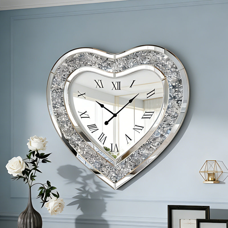 Bashira Glass Mirrored Wall Clock Heart Diamond Accent Clock