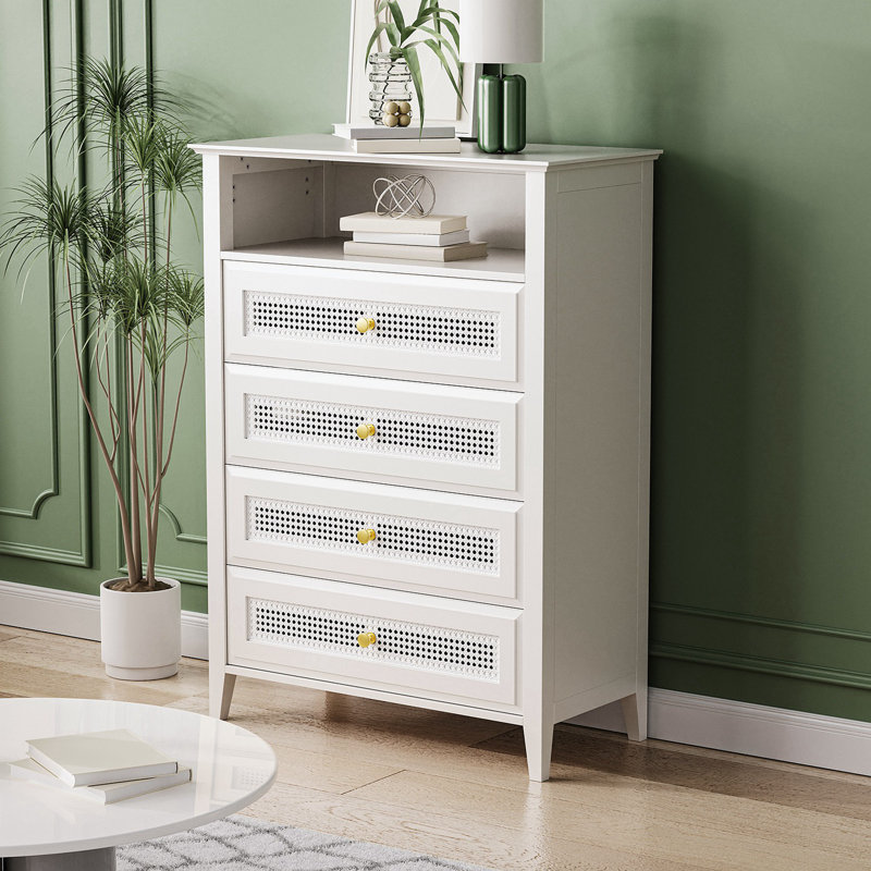 Commode 4 tiroirs avec panneaux en rotin Annay, Blanc