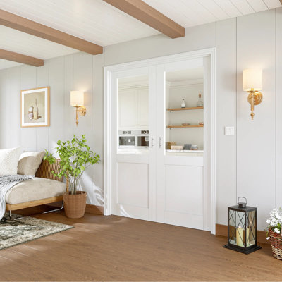64" x 80" Interior French Door, Half‑Lite Tempered Clear Glass Doors with Jamb, Complete Ball Catches & Black Hinges & Handles, White Primed Paint‑Ready & Solid Core Door, Maximizes Natural Light & Open Visibility
