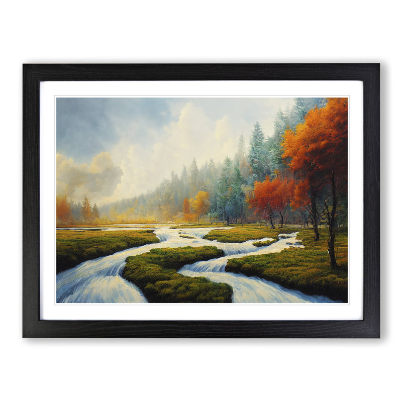 Autumn River Forest - Single Picture Frame Print, Black Framed, 46cm H x 64cm W x 2cm D