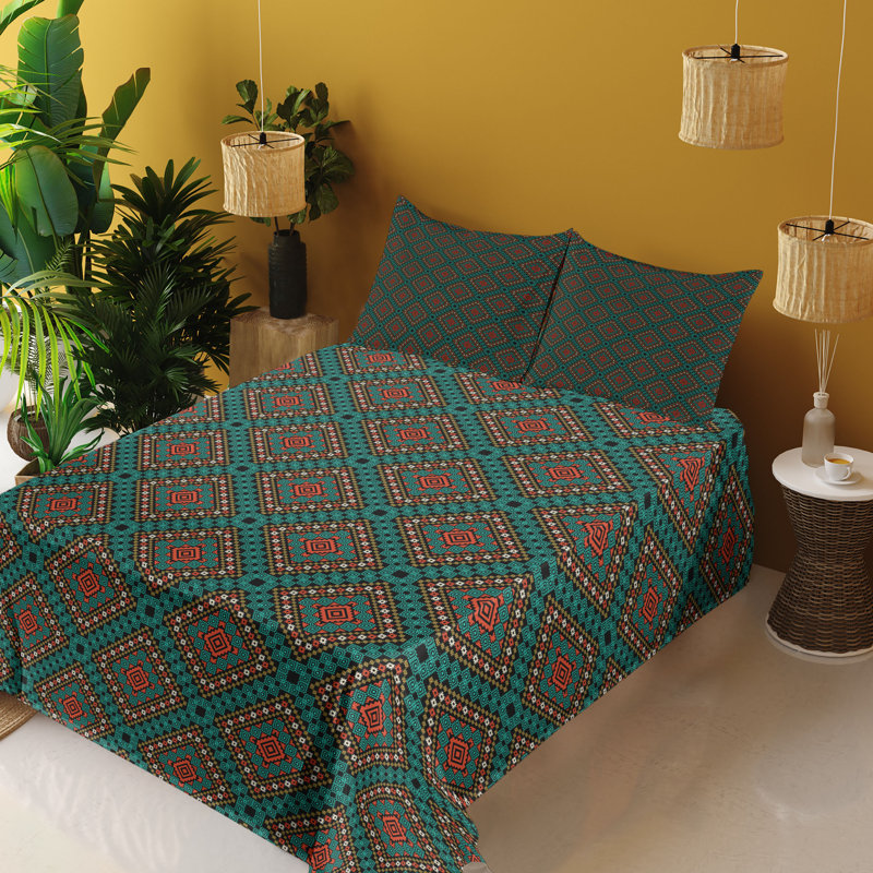 Microfiber Sheet Set, California King Sheet Set with 2 Pillowcases, Coral/Teal/Black Chevron