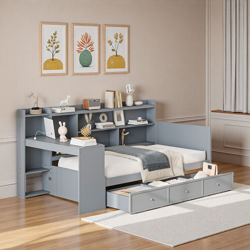 Wooden Daybed With 3 Drawers, Usb Ports And Desk, Gray, Twin