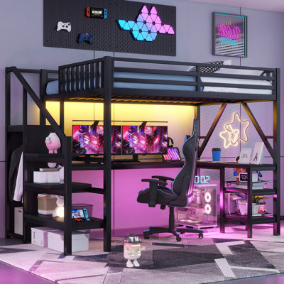 Lit mezzanine double en métal avec garde-robe et lumière DEL, lit mezzanine double avec bureau en forme de L et port USB pour enfants, adolescents, adultes, noir