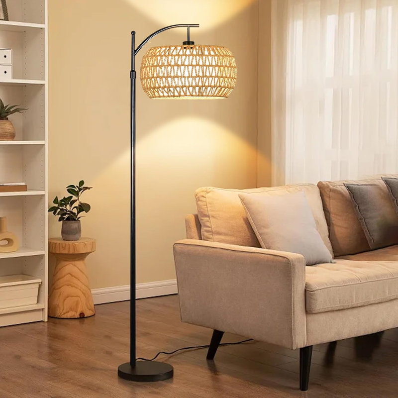 Lampe sur pied en rotin Boho avec télécommande et DEL à changement de couleur haute pour le salon, la chambre à coucher