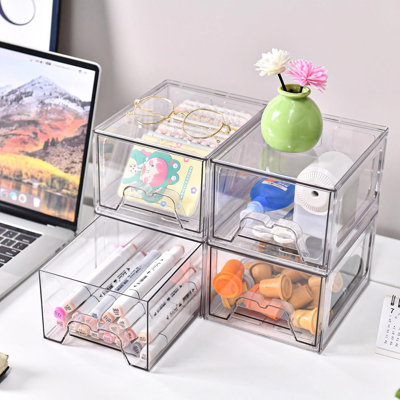 6‑Pack Stackable Acrylic Makeup And Storage Organizer With Pull-Out Drawer, Clear Plastic Bins For Vanity, Bathroom, Kitchen, Pantry, Or Desk