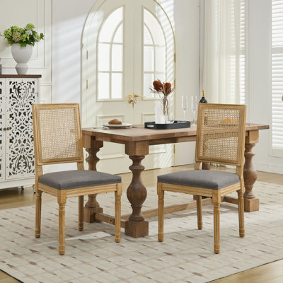 French Country Square Cane-Back Dining Chairs with Carved Wood Frames