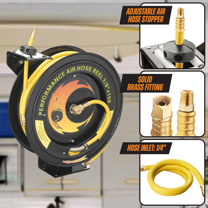Pentagon Tools Heavy Duty Retractable 100-Foot Air Compressor Hose and Reel
