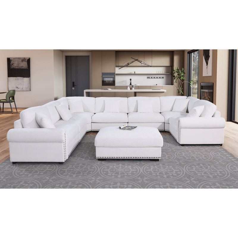 Errett Modern Fabric Reversible 8 Seater Corner Sectional With Movable Ottoman, White Polyester