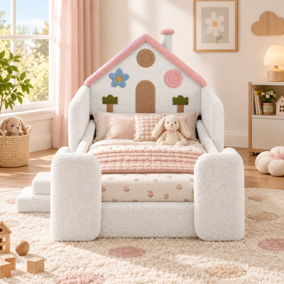 Lit de sol capitonné en forme de maison AVELOR avec barrières latérales de sécurité rembourrées, lit d'enfant en molleton doux avec sommier à lattes en bois